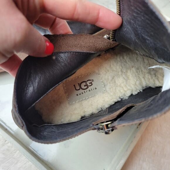UGG Meredith Brown Leather Sherpa Lined Wedge Ankle Boot Size 9.5 - Picture 8 of 14